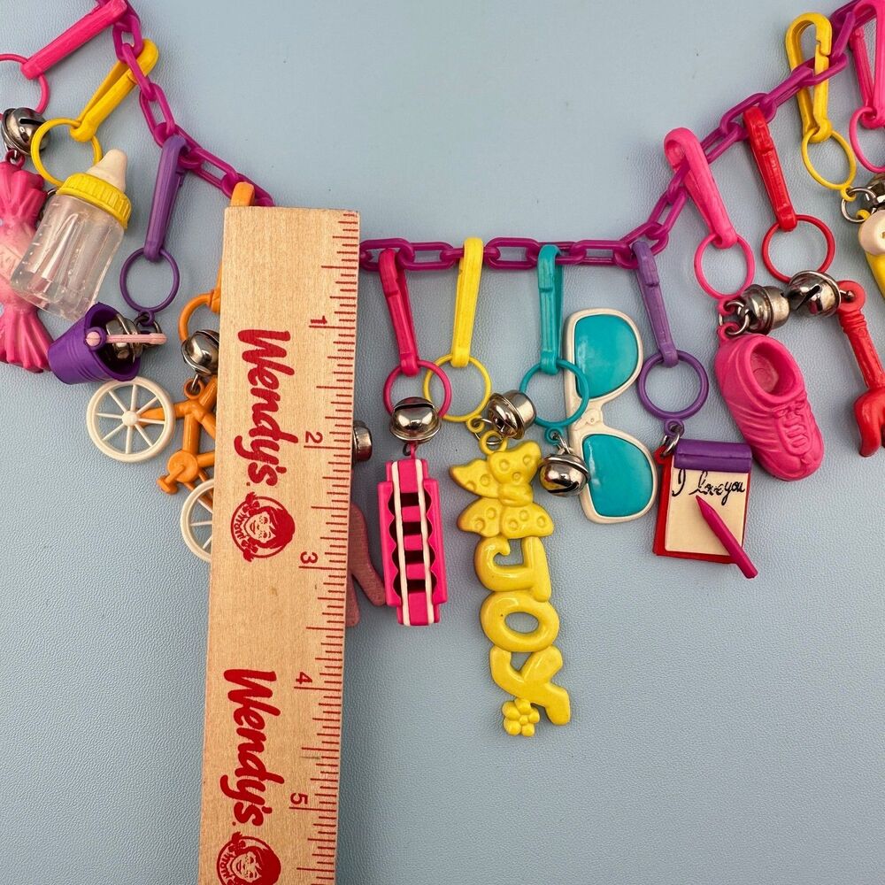 1980s Vintage Bell Clip Charm Necklace 19 Plastic Charms Pink Chain Retro Kid - Picture 11 of 14